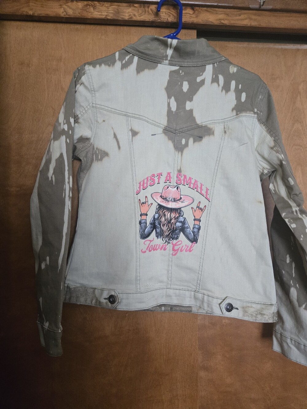 “Upcycled Bleach-Wash ‘Small Town Girl’ Denim Jacket Graphic Cowgirl Western J10